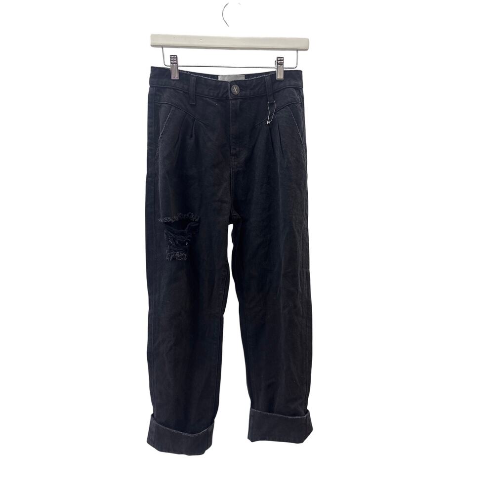 One Teaspoon Sz 26 Black Baggy Straight Leg High Rise Distressed Pleated Jeans